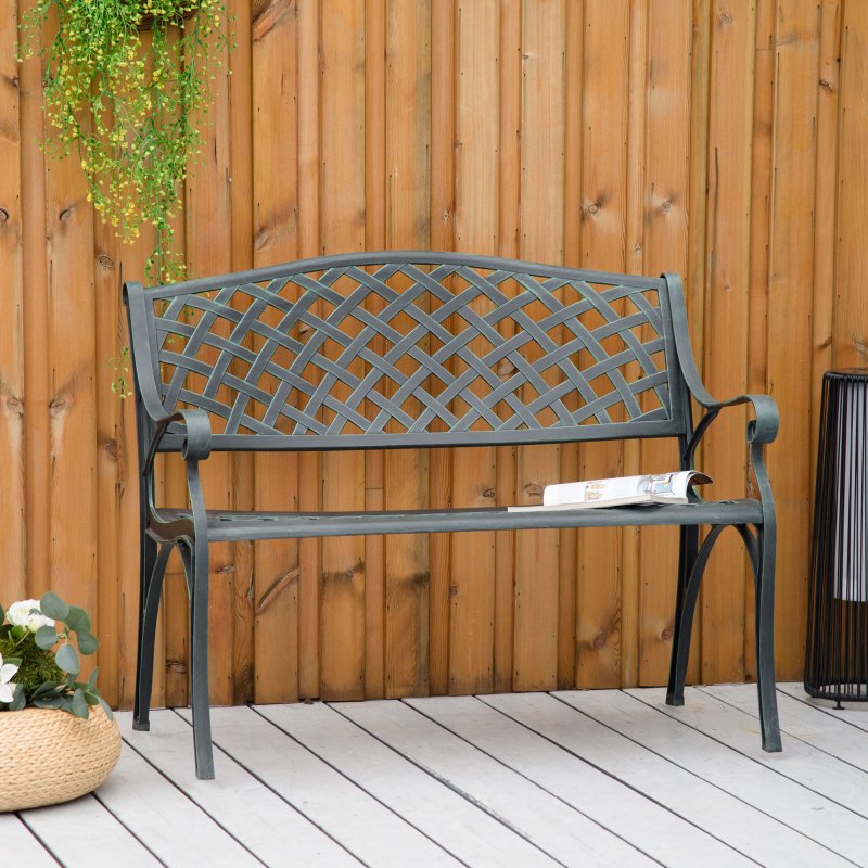 Outsunny Cast Aluminium Outdoor Garden Bench 2 Seater Antique Patio Porch Park Loveseat Chair, Verdigris
