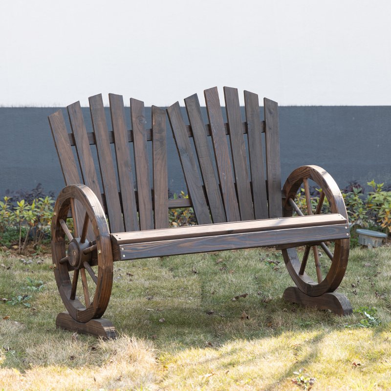 Outsunny 2 Seater Garden Bench, Comfortable Fir Wood Love Chair with Wagon Wheel-Shaped Armrests, Outdoor Adirondack Wooden Loveseats, Carbonized Colour