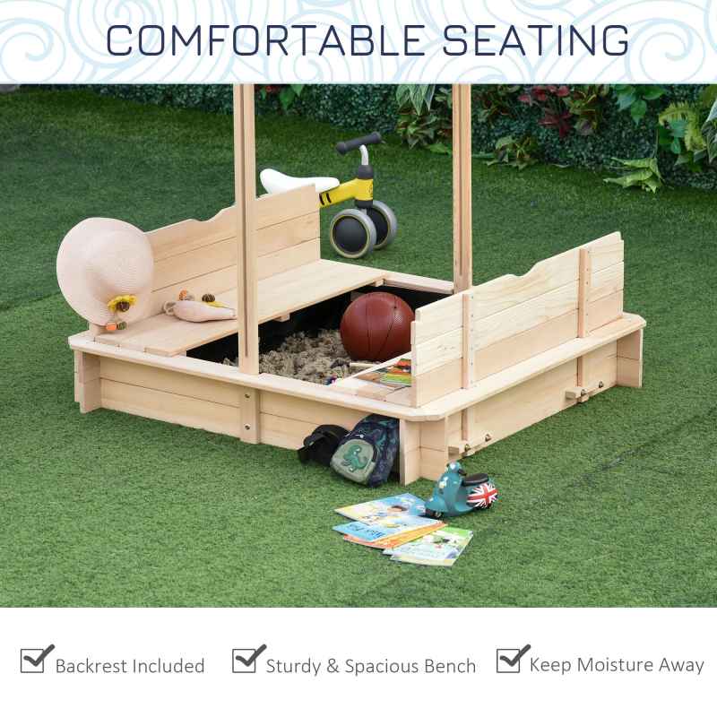Outsunny Kids Wooden Sand Pit with Lids, Children Sandbox Height Adjustable Canopy for Garden, Convertible Bench Outdoor Garden Playset, Blue and White Canopy