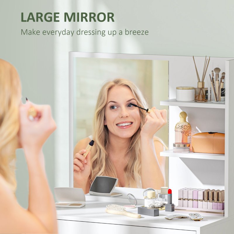 HOMCOM Dressing Table with Mirror, Modern Vanity Desk with Drawer and 3 Open Shelves, Makeup Desk for Bedroom, White