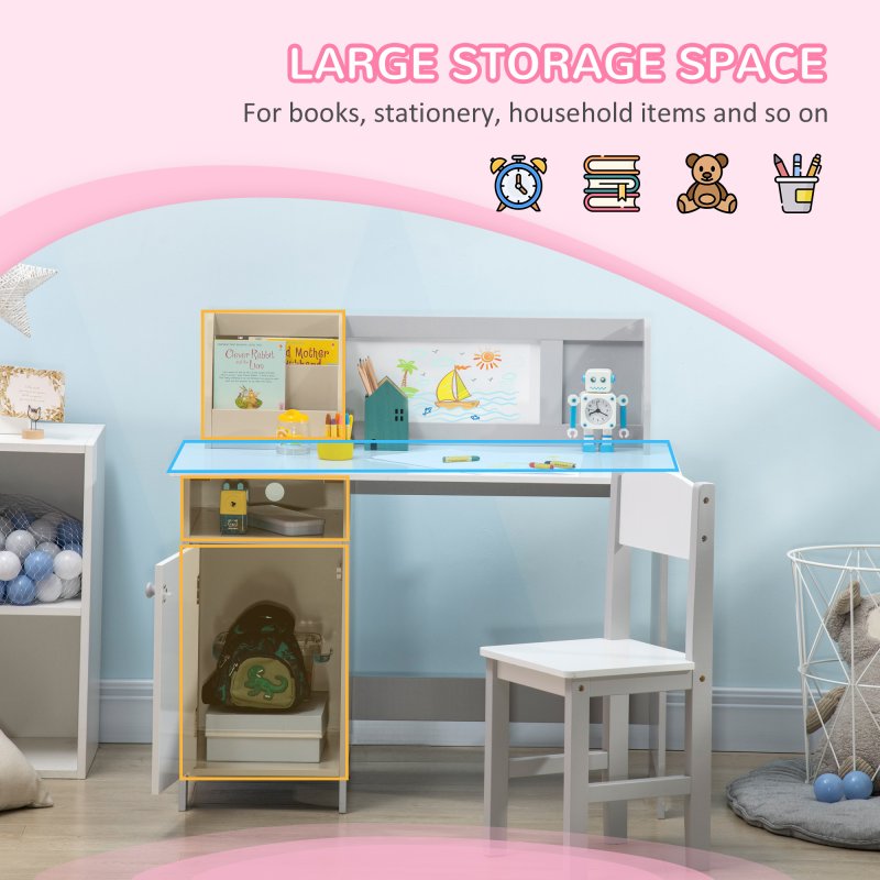 HOMCOM Kids Desk And Chair Set 2 PCs Childrens Table And Chair Set Multi Use Toddler Furniture with Whiteboard, Storage - Grey