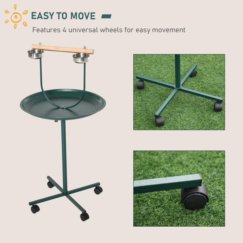 PawHut Bird Perch Stand, T-Stand Bird Training with Perch, Four Wheels, Feeding Bowls, Parrot Stand for Small, Medium Birds, Green