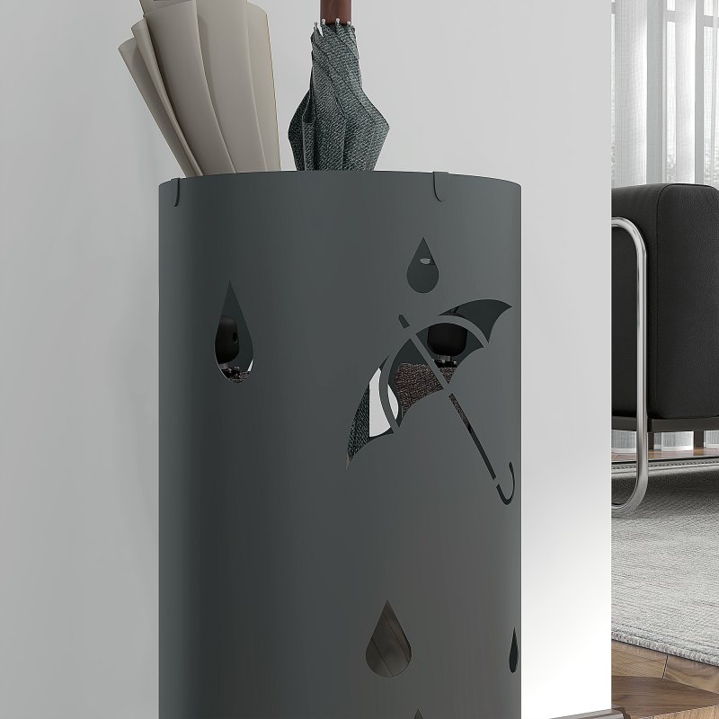 HOMCOM Steel Umbrella Stand, Round Umbrella Holder with 4 Hooks and Removable Drip Tray, Hollowed Umbrella Basket for Hallway, Dark Grey