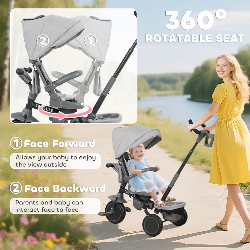 AIYAPLAY Kids Trike, 6 in 1 Toddler Tricycle with Adjustable Parent Handle & Canopy, Convertible Seat, for Ages 1-5 Years, Foldable Baby Trike with Safety Harness, Storage Basket & Bag, Grey