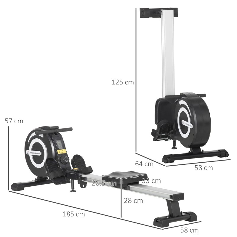HOMCOM Folding Rowing Machine, 8-Level Magnetic Rower Machine with LCD Monitor, Wheels and Aluminium Railway, for Home Gym Cardio Training