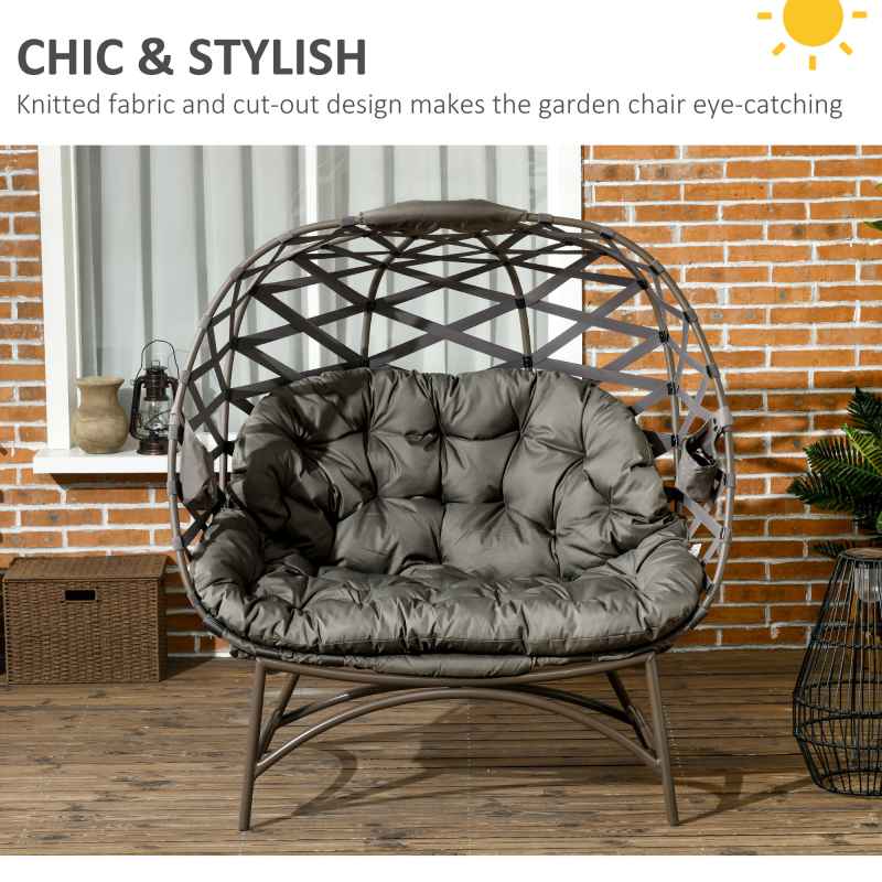 Outsunny Egg Chair Outdoor, 2 Seater Folding Weave Garden Furniture Chair with Cushion, Cup Pockets for Patio Balcony - Sand Brown