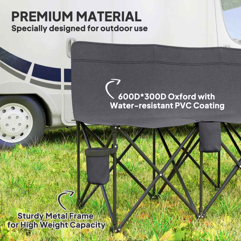Outsunny 6 Seater Folding Bench, Outdoor Camping Chair Portable Sports Spectator Chair with Metal Frame, Cup Holder & Carry Bag, Charcoal Grey
