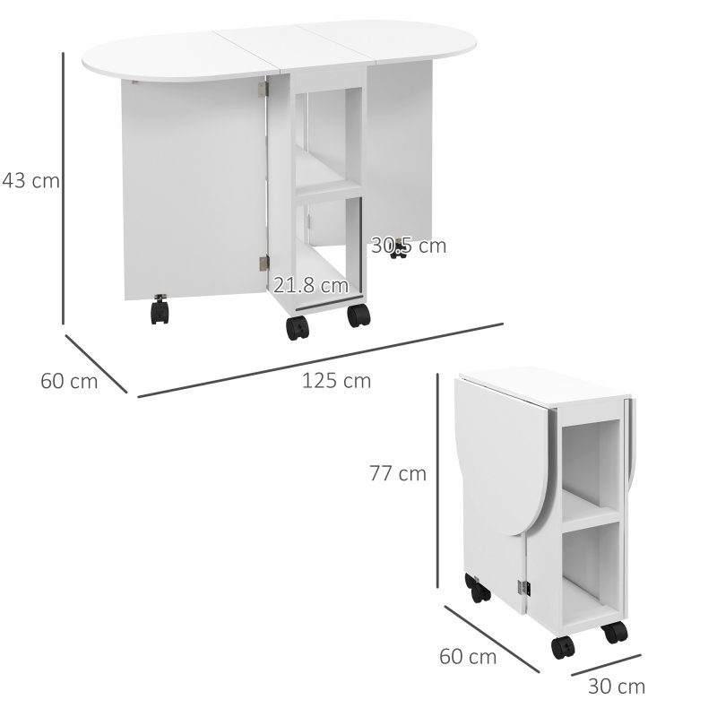 HOMCOM Mobile Folding Dining Table, Drop Leaf Table for Small Spaces with 2-tier Shelves, Small Kitchen Table With 6 Wheels, White