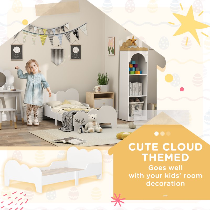 AIYAPLAY Toddler Bed, Cloud-Themed Kids Bed Frame with Safety Rails, Kids Bedroom Furniture, for Ages 3-8 Years, White