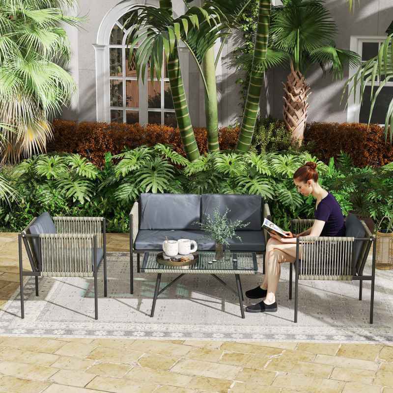 Outsunny 4 Piece Rattan Garden Furniture Set, 4 Seater Wicker Outdoor Furniture Set with 2 Armchairs, Loveseat, Glass Top Coffee Table and Cushions for Balcony, Porch, Grey