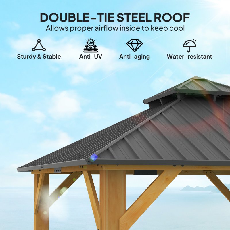 Outsunny 3x(3)M Outdoor Hardtop Gazebo Canopy with 2-Tier Roof and Solid Wood Frame, Outdoor Patio Shelter for Patio, Garden, Grey