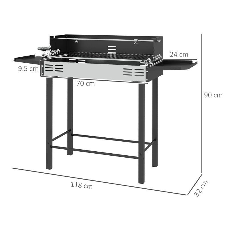 Outsunny BBQ Rotisserie Grill Roaster Charcoal Spit Roasting Machine for Chicken Turkey with 3-Level Grill Grate and Foldable Side Shelves, Stainless Steel