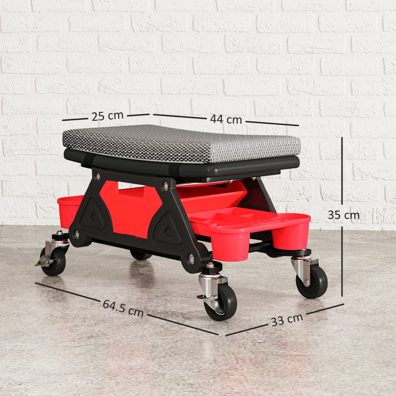 HOMCOM Rolling Mechanic Stool, 135kg Capacity Workshop Stool, 360 Swivel Roller Padded Creeper Seat with Wheels, Slide Out Tool Trays and Drawer for Garage, Shop, Auto Repair, Black
