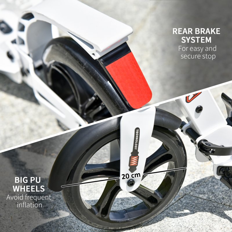 HOMCOM Folding Kick Scooter, Adjustable Ride On Scooter with 200mm Big Wheels and Double Shock Absorption, Urban Scooter for 14+ Teens Adult, White