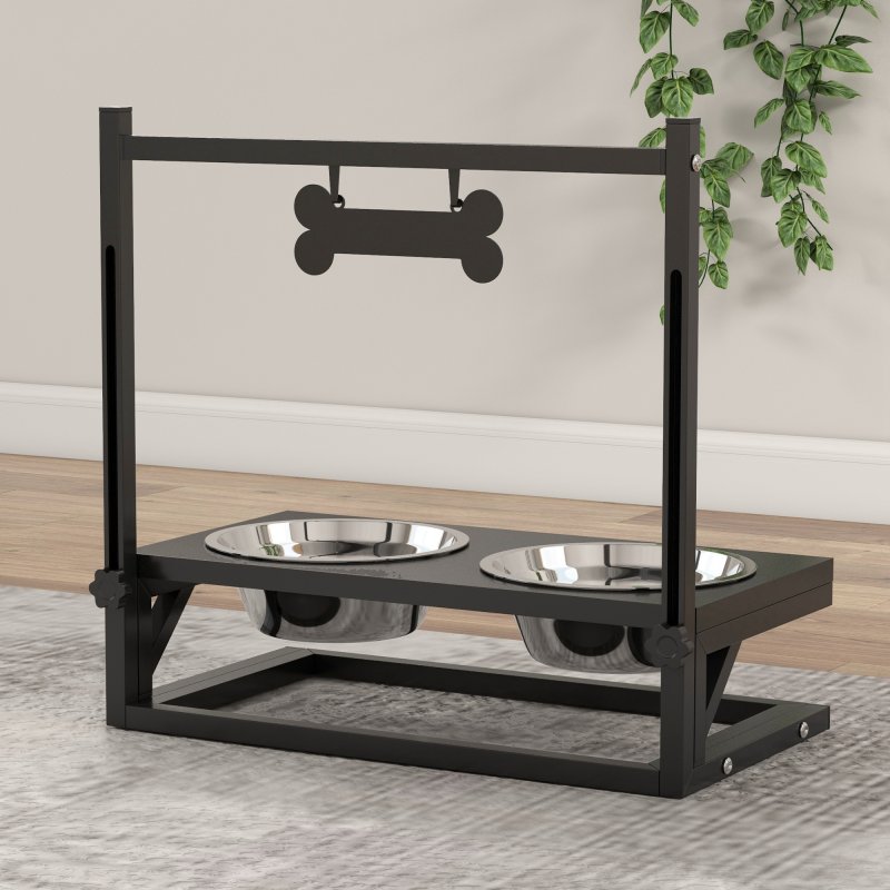 PawHut Raised Dog Bowl, Elevated Dog Bowl with Adjustable Height Stand, 2 Stainless Steel Bowls, for Small Medium Large Dogs - Black