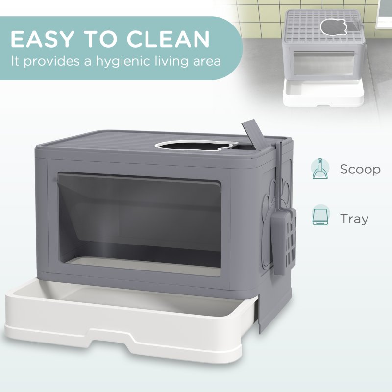 PawHut Cat Litter Tray with Hood Cat Litter Box with Brush, Front Entry, Top Exit, Removable Tray, Scoop, 48.5 x 38 x 36.5cm - Grey
