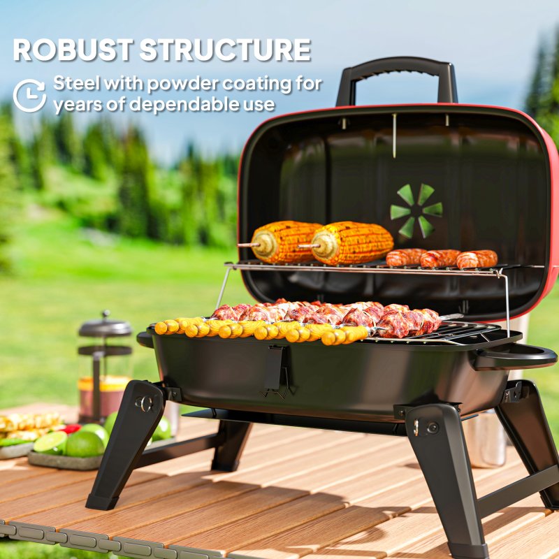 Outsunny Charcoal Barbecue Grill Folding BBQ Grill with 1232 cm? Cooking Area, Adjustable Vent, Thermometer, Handles for Camping Picnic, Red