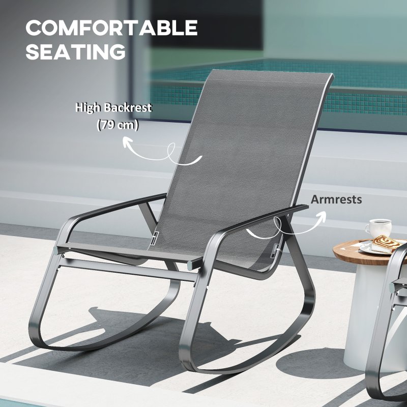 Outsunny Garden Rocking Chair, Ergonomic Outdoor Rocking Chair with Armrests, High Backrest, Steel Frame Relaxing Rocker Armchair Seat for Patio, Balcony, Porch, Grey