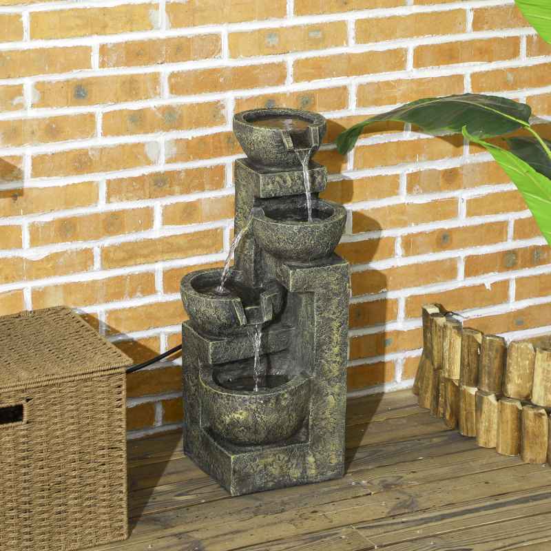 Outsunny Outdoor Garden Water Feature with 4-Tier Stacked Stone Look Bowls, Patio Cascading Waterfall Fountain, Adjustable Flow, Rustic Decor, Black and Yellow