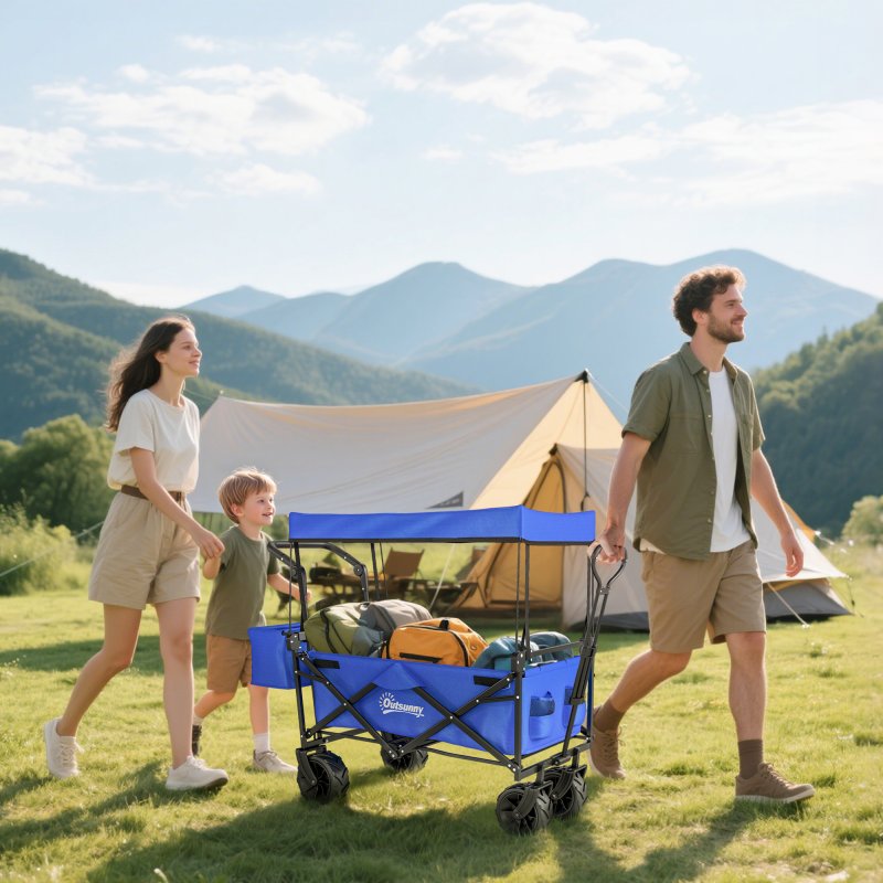 Outsunny 120L Festival Trolley on Wheels, Folding Camping Trolley Cart with Removable Canopy, All-Terrain Wheels, Adjustable Handle and Side Pockets for Garden Beach Fishing Shopping, Blue