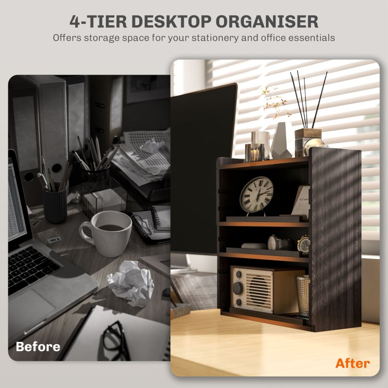 HOMCOM 4-Tier Desk Organiser, Multifunctional Assembled Desktop Organiser with Adjustable Shelves and Cable Management for Stationery, Office Supplies, Paper, Dark Brown