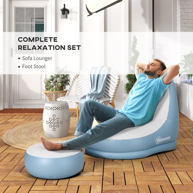 Outsunny Inflatable Chair and Footstool, Inflatable Sofa Lounger with Soft Plush Fabric and Cup Holder, for Camping, Gaming, Reading and Movie Watching, White