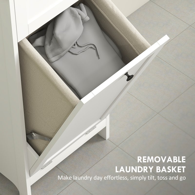 HOMCOM Tall Bathroom Cabinet with Removable Laundry Basket, Slim Bathroom Storage Unit with Tilt-Out Laundry Cabinet, 2 Open Shelves and Drawer, 40 x 30 x 165 cm, White