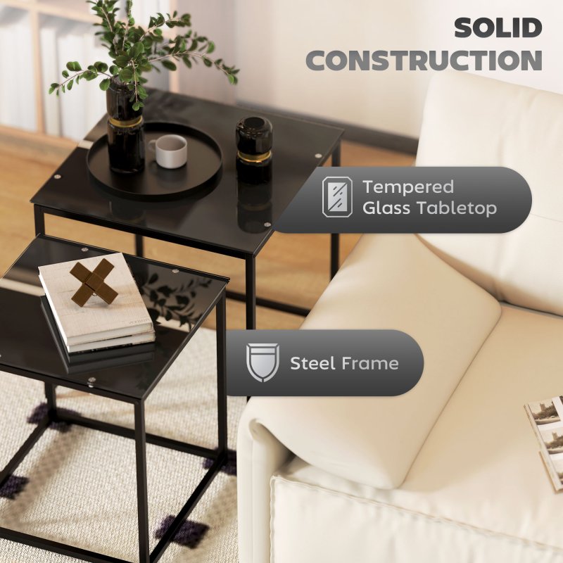 HOMCOM Nest of Tables, Set of 2 Coffee Table, Side Tables with Tempered Glass Desktop and Metal Frame for Living Room, Bedroom, Office