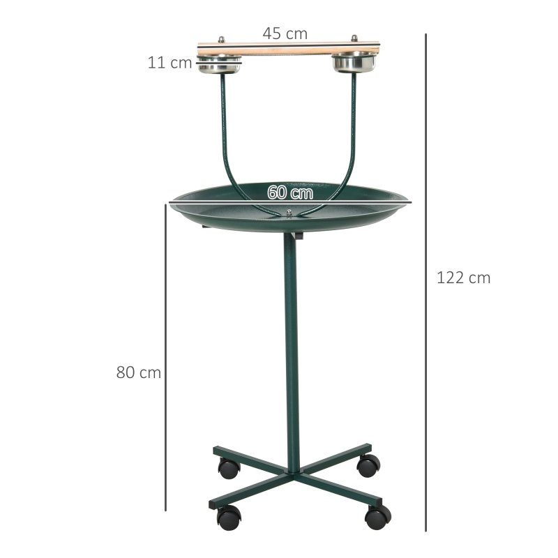 PawHut Bird Perch Stand, T-Stand Bird Training with Perch, Four Wheels, Feeding Bowls, Parrot Stand for Small, Medium Birds, Green