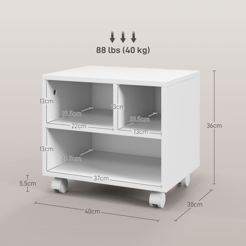 HOMCOM 2-Tier Printer Stand with Storage, Under Desk Printer Cart on Wheels with 3 Compartments, Desktop Printer Table for Home Office, White