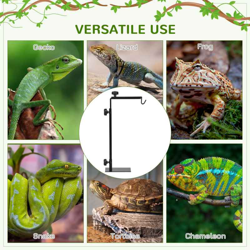 PawHut Reptile Lamp Stand, Adjustable Height and Width Heat Lamp for Reptile Amphibian Terrariums, Light Stand with Hook Hanging Steel Base - Black