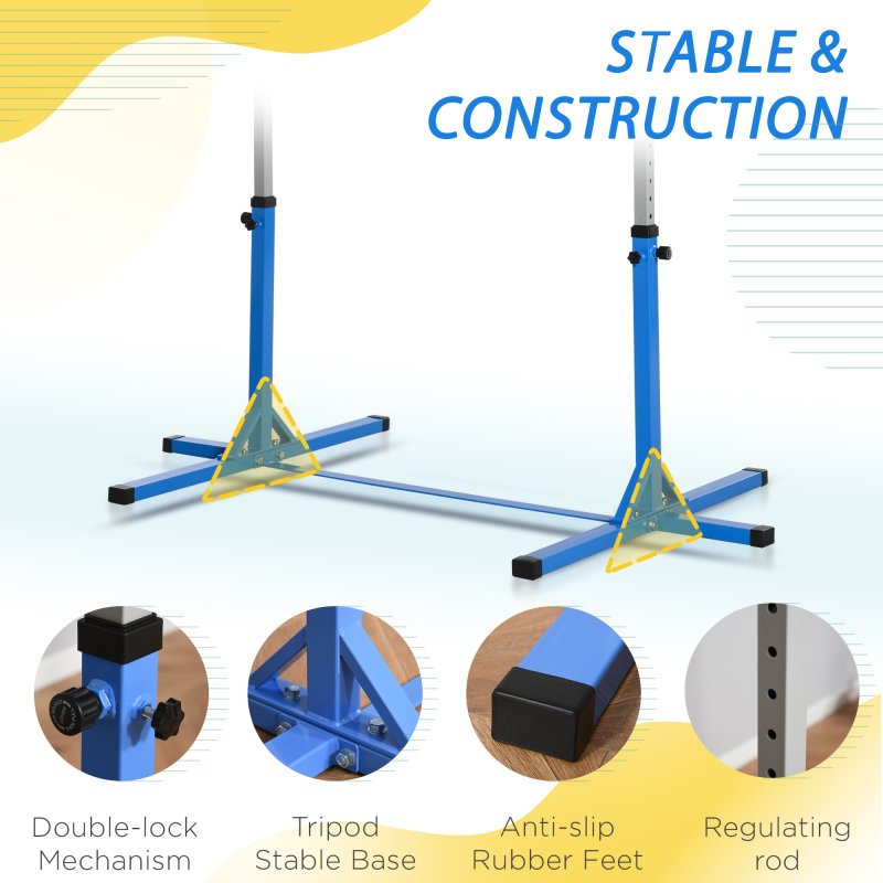 HOMCOM Height Adjustable Gymnastics Horizontal Bar For Kids Home Gym Training Children Junior Kip High Bar Fitness, Blue