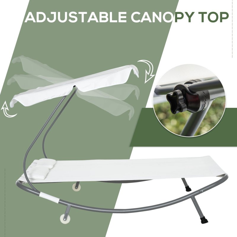 Outsunny Double Sun Lounger with Adjustable Detachable Canopy, Portable Garden Daybed for 2 with Wheels, Outdoor Sunbed Hammock with 2 Pillows, 220 KG Max. Load, White