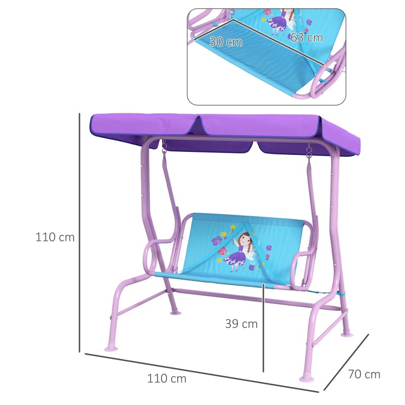 Outsunny 2 Seat Kids Swing Chair with Adjustable Canopy, Fairy Themed Double Kids Garden Swing Bench with Safety Belts for Patio Park Porch, for Ages 3-6 Years - Blue