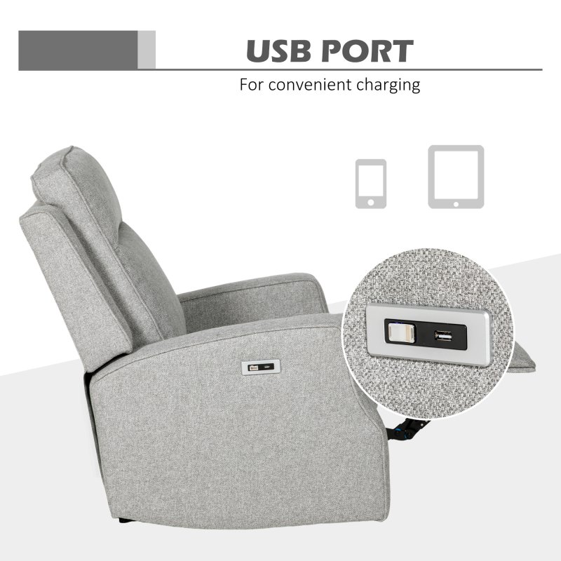 HOMCOM Electric Fabric Recliner Armchair, Reclining Chair with Adjustable Leg Rest, USB Port, for Limited Space Home Living Room, Grey