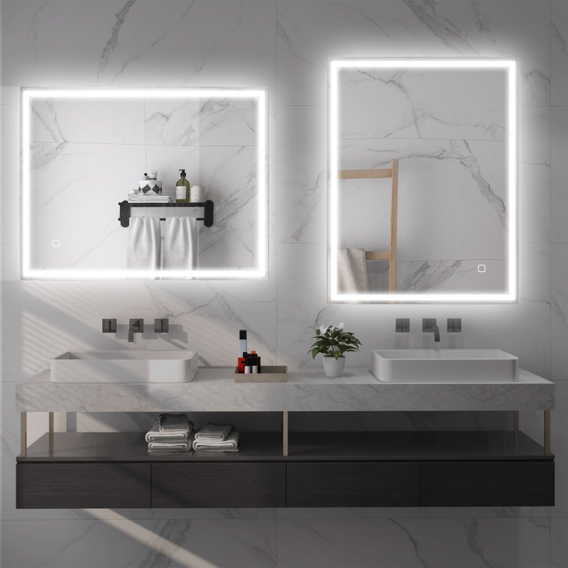 HOMCOM Bathroom Mirror with LED Lights, Illuminated Makeup Mirror with 3 Colours, Defogging Film and Memory Function, Hardwired, Horizontal or Vertical, 90 x 70cm