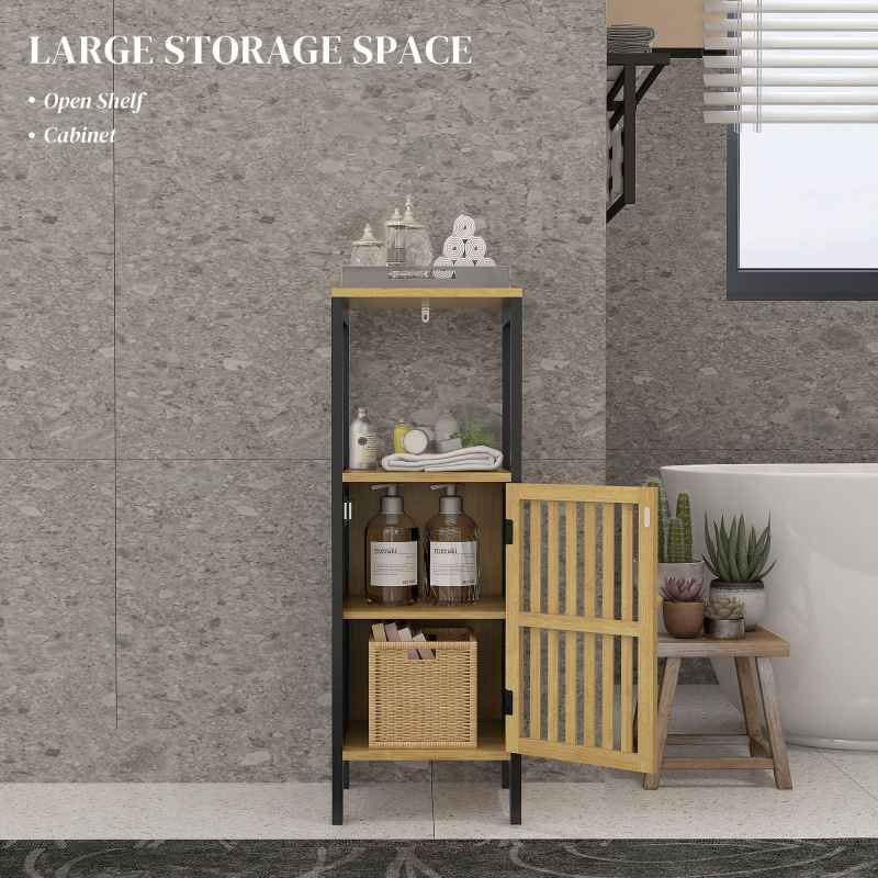 HOMCOM Slim Bathroom Storage Cabinet, Small Bamboo Bathroom Cabinet with Open Compartment and Adjustable Shelf