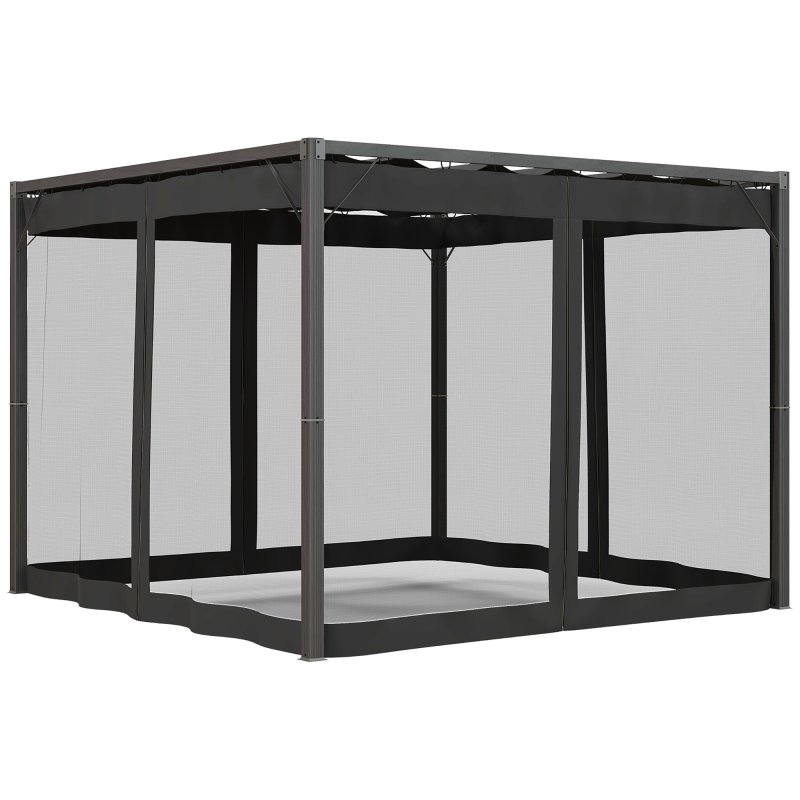 Outsunny 3 x 3 m Pergola with Retractable Roof Canopy and Netting Sidewalls, Aluminium Frame Garden Gazebo Outdoor Sun Shade Shelter for Grill, Patio, Deck, Dark Grey