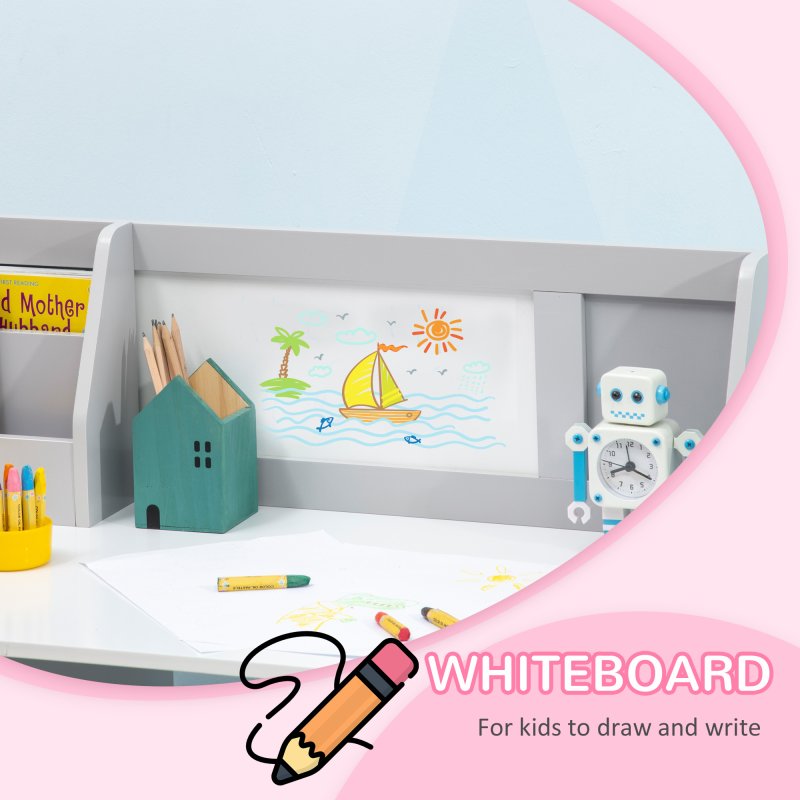 HOMCOM Kids Desk And Chair Set 2 PCs Childrens Table And Chair Set Multi Use Toddler Furniture with Whiteboard, Storage - Grey