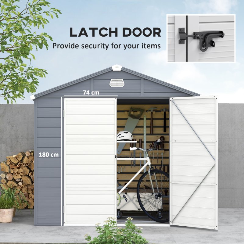 Outsunny 8 x 6ft Plastic Garden Storage Shed with Foundation Kit, Polypropylene Outdoor Storage Tool House with Ventilation Slots and Lockable Door, Grey