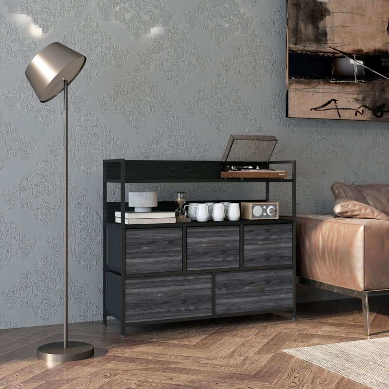 HOMCOM Bedroom Chest of Drawers, Fabric Dresser with 5 Drawers, Storage Organiser Unit with Open Shelves and Metal Frame for Living Room, Entryway