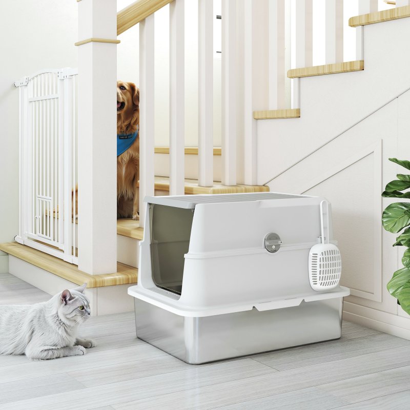 PawHut Stainless Steel Cat Litter Tray, Extra Large Enclosed Litter Box for Large Cats with Scoop, Flip Top, Easy Cleaning, Light Grey