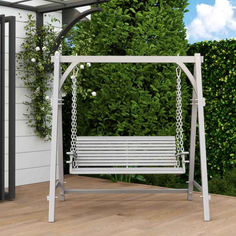 Outsunny 2 Seater Garden Swing Seat, Wooden Swing Chair Bench with Cup Holders for Outdoor Porch Patio, Grey