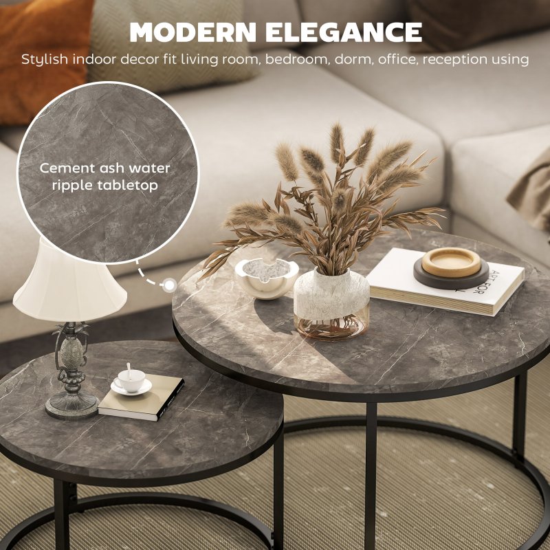HOMCOM Round Nesting Coffee Table Set of 2, Large Stacking End Side Table with Steel Frame for Living Room, Bedroom, Home Office, 78.5 x 78.5 x 46.5 cm, Marble Dark Grey