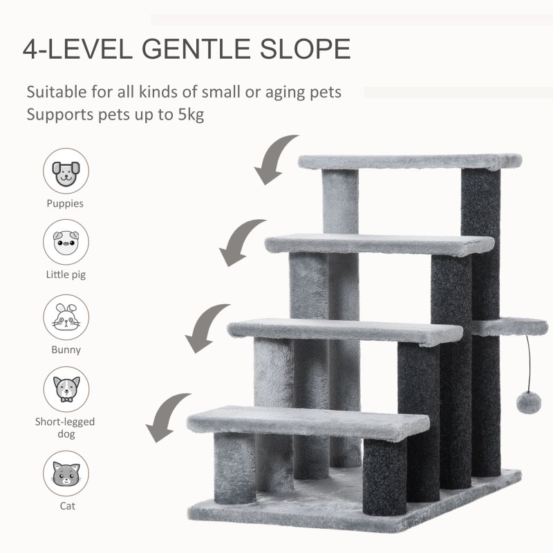 PawHut Pet Stairs, Cat Tree Climb Ladder with 4-step Stair, Scratching Posts, Platforms, Toy Ball, for Indoor Cats, Grey
