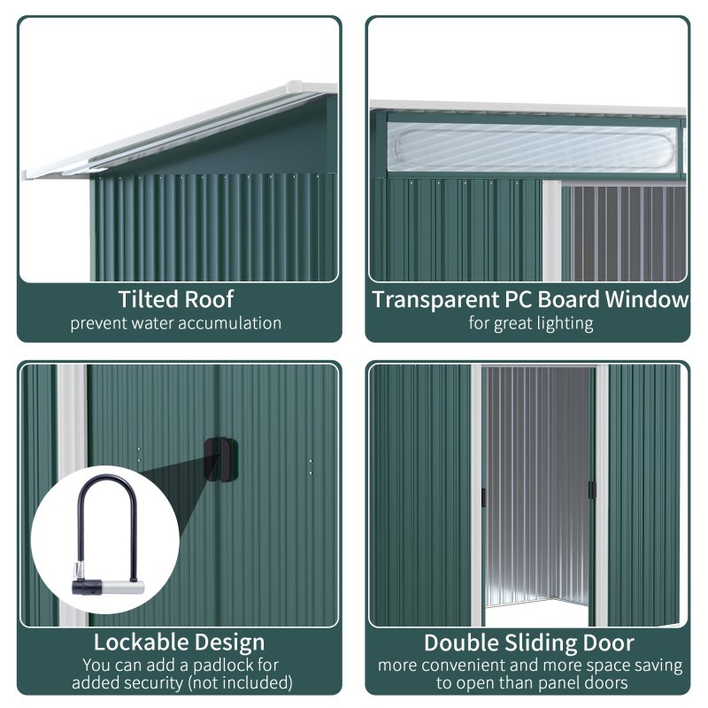 Outsunny 8.5 x 4ft Metal Shed with Lightsky Panels, Garden Storage Tool House with Double Doors for Garden, Patio and Lawn, Green