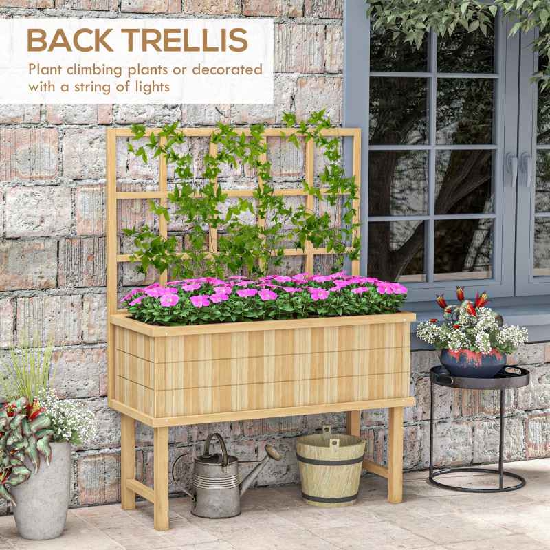 Outsunny Wooden Raised Planter with Trellis for Vine Climbing Plants, Elevated Garden Bed with Drainage Holes and Bed Liner for Vegetables, Flowers, Herbs, 105 x 45 x 140cm, Natural