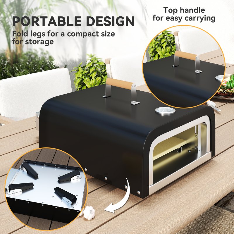 Outsunny Outdoor Tabletop Gas Pizza Oven with 12" Stone and Peel, Portable Pizza Oven Maker with Thermometer, Foldable Legs, Handle, Gas Hose and Regulator, Black