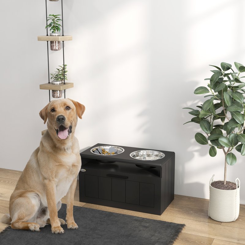 PawHut Raised Dog Bowl, Elevated Pet Bowls with Slow Feeder, Two Stainless Steel Bowls, Drawer, for Large & Extra Large Dogs, Black