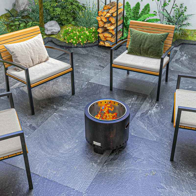 Outsunny Smokeless Fire Pit, 45cm Portable Wood Burning Firepit with Poker, Stainless Steel Liner for Garden Camping Bonfire Party, Metal, Black